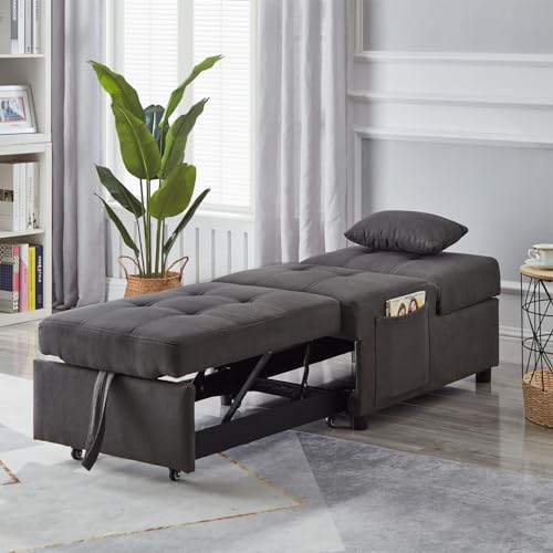 Grey Linen Upholstered Sleeper Sofa Couch with Adjustable Backrest and 1 Pillow P6803