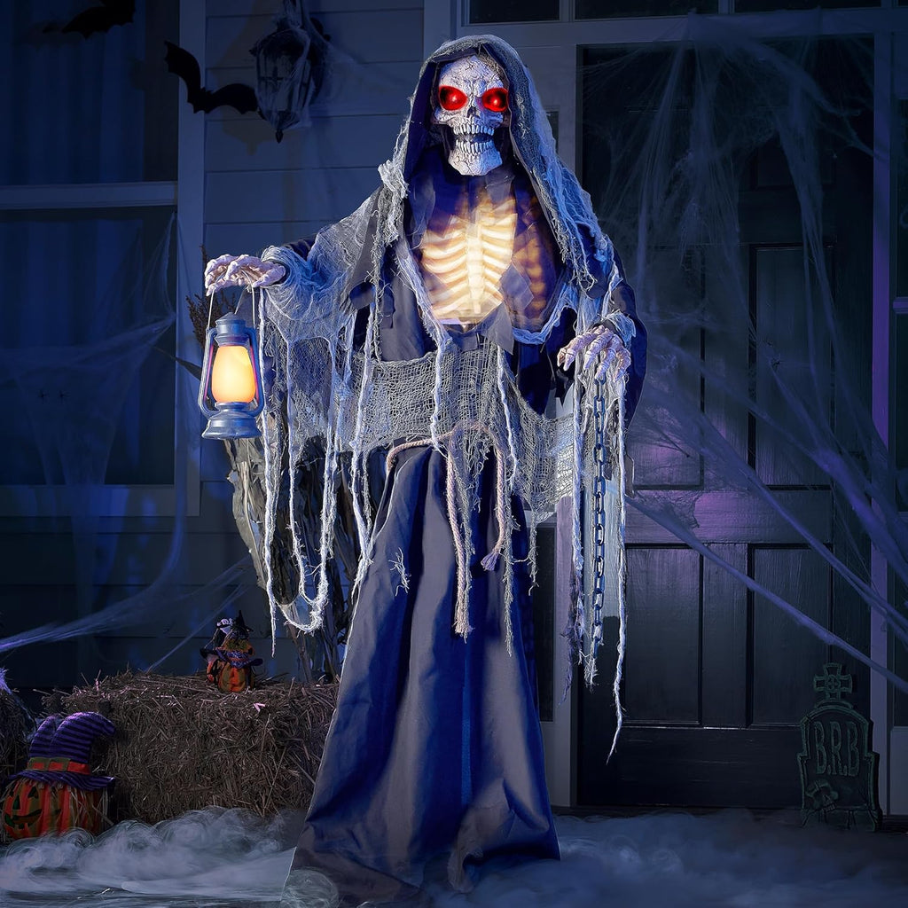 67" Halloween Animatronics Grim Reaper Animated Decoration with Light-Up Eyes E693