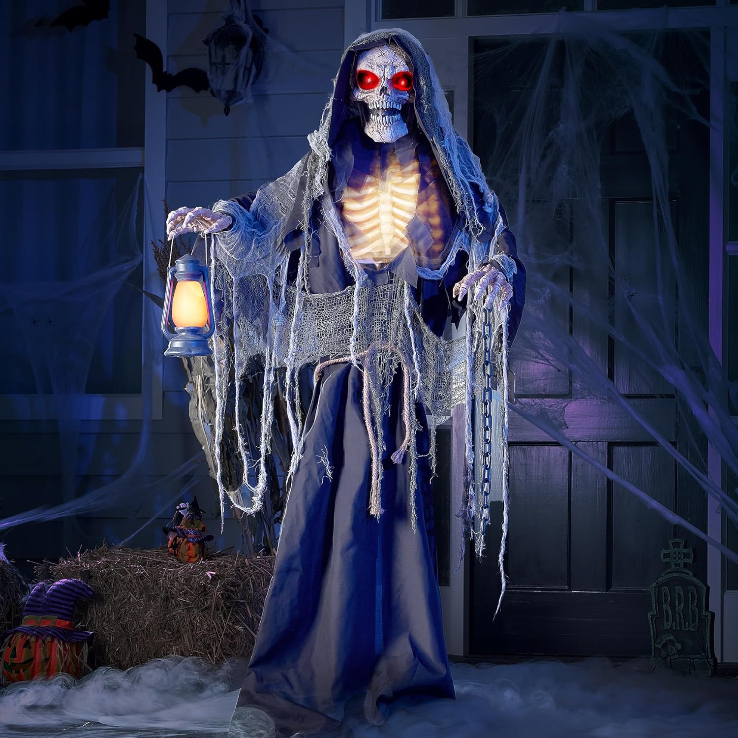 67" Halloween Animatronics Grim Reaper Animated Decoration with Light-Up Eyes E693
