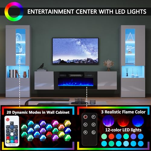 White High Gloss Entertainment Center with LED Lights, 40" Electric Fireplace, 2 Bookcases with Glass Doors L547
