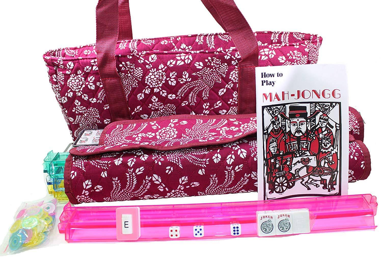 Violet Red Mahjong Set with 4 Color Pushers and Soft Bag U987366