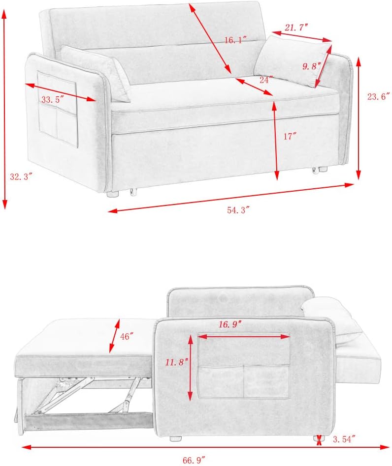 Velvet Pull Out Sofa Bed with Storage Pocket J810