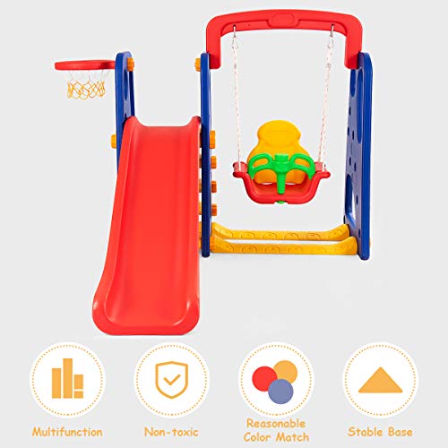 Toddler Long Slide Set, 3-in-1 Large Climber Playset with Basketball Hoop, Stairs, Thickened Panel, Playground Swing M665