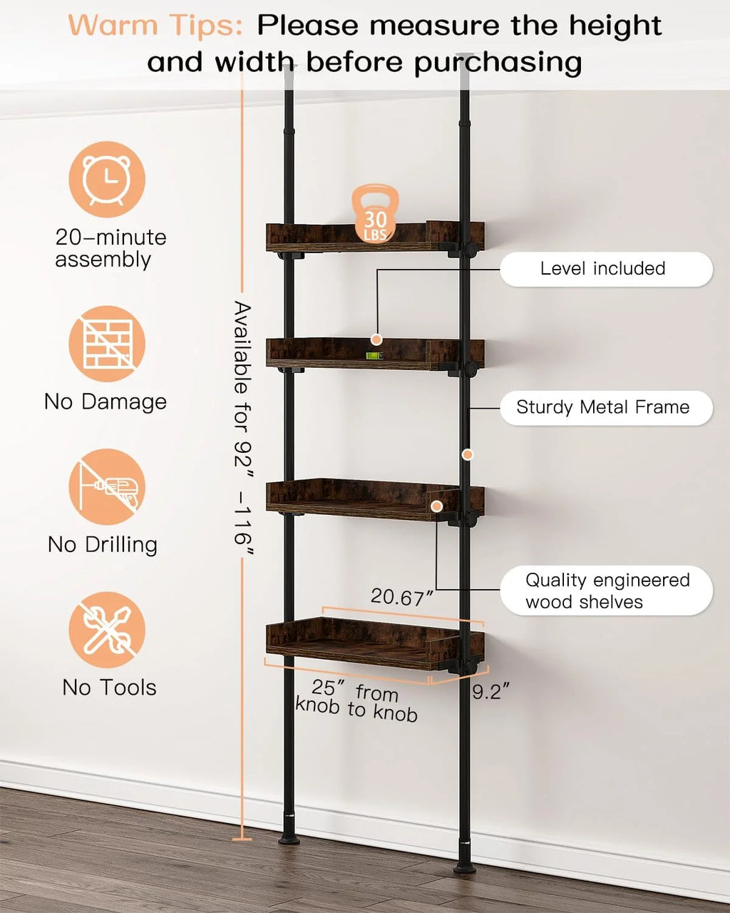 4-Tier Adjustable Wood Bathroom Storage Shelves K9137
