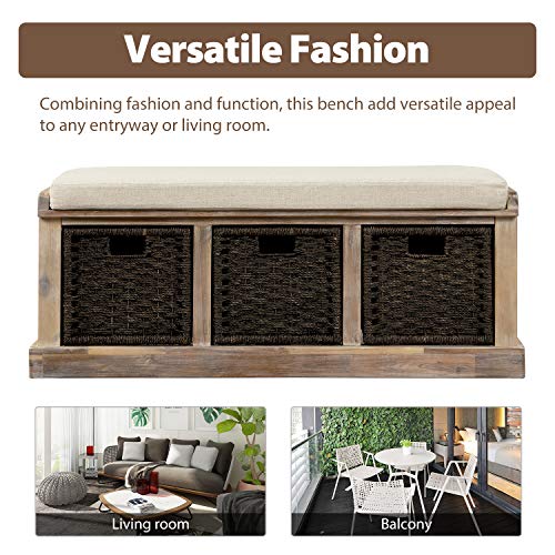 Grey Wicker Storage Bench with Cushion, 3-Drawer and 3 Woven Baskets Y350786