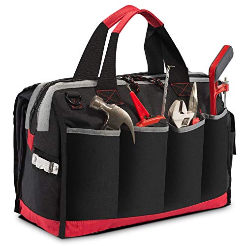 16-inch Wide Mouth Tool Tote Bag with 25 Pockets and Adjustable Shoulder Strap, Black/Red W20410