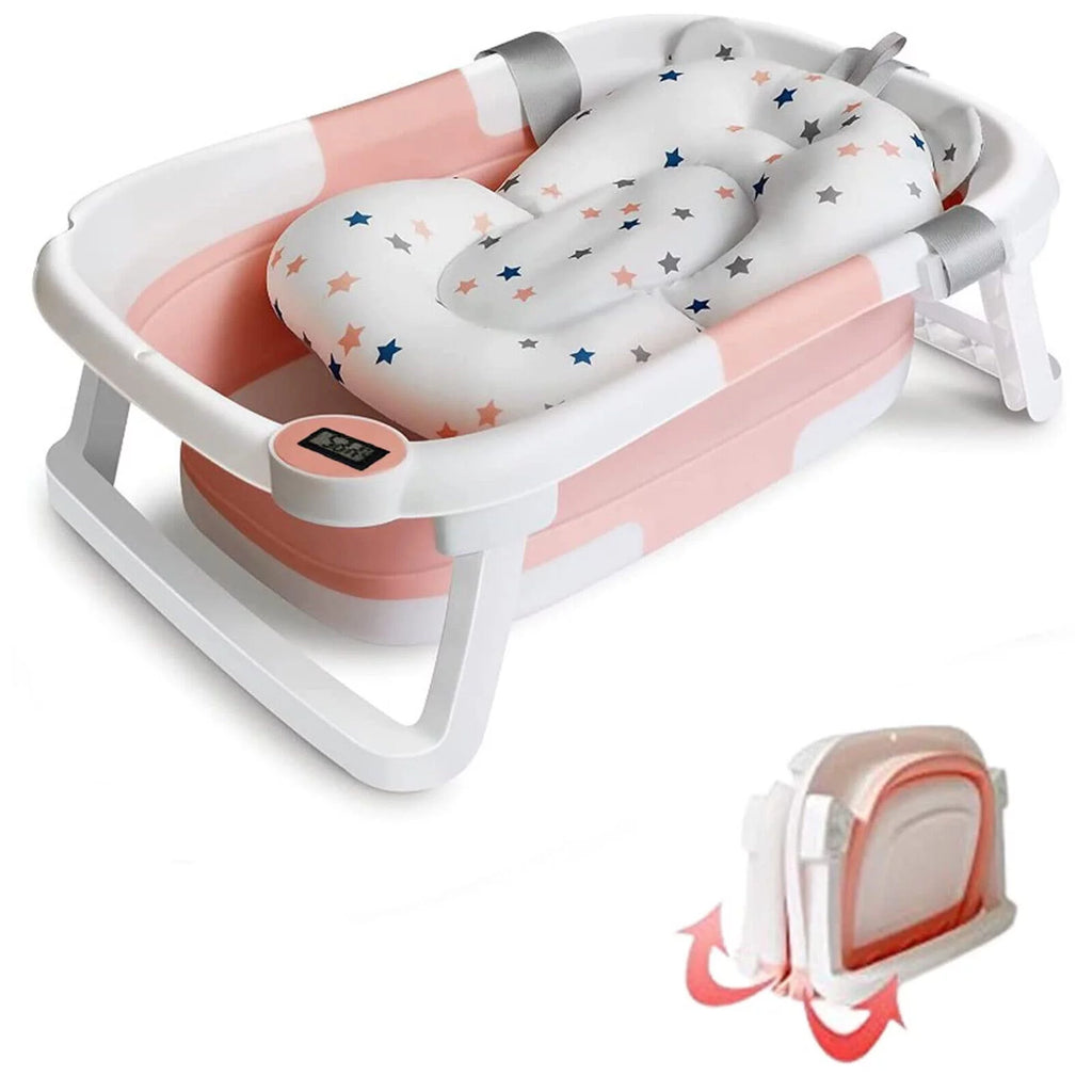 Collapsible Newborn Baby Bathtub with Pillow Cushion Support Bath Net Temperature Sensor Pink Q981