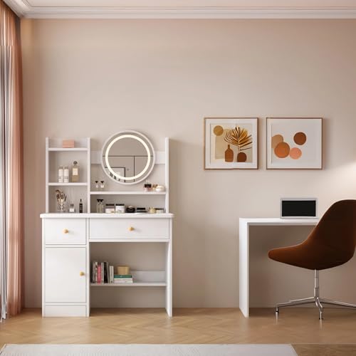 White Vanity Desk with Mirror and Lights, 3 Lighting Modes, Drawers, Open Storage Shelves J3904