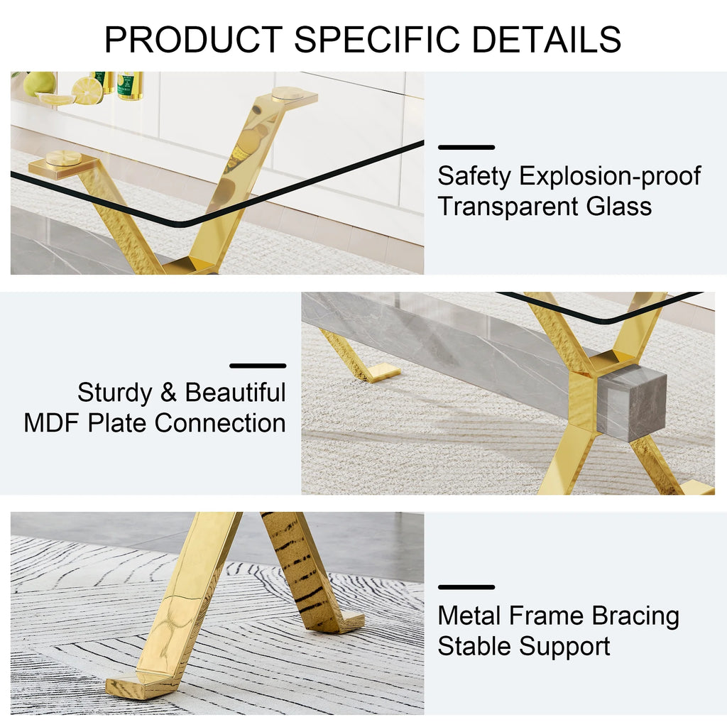 79''x39''x30'' Rectangular Tempered Glass Dining Table with 6 White PU Gold Plated Leg Chairs H47594