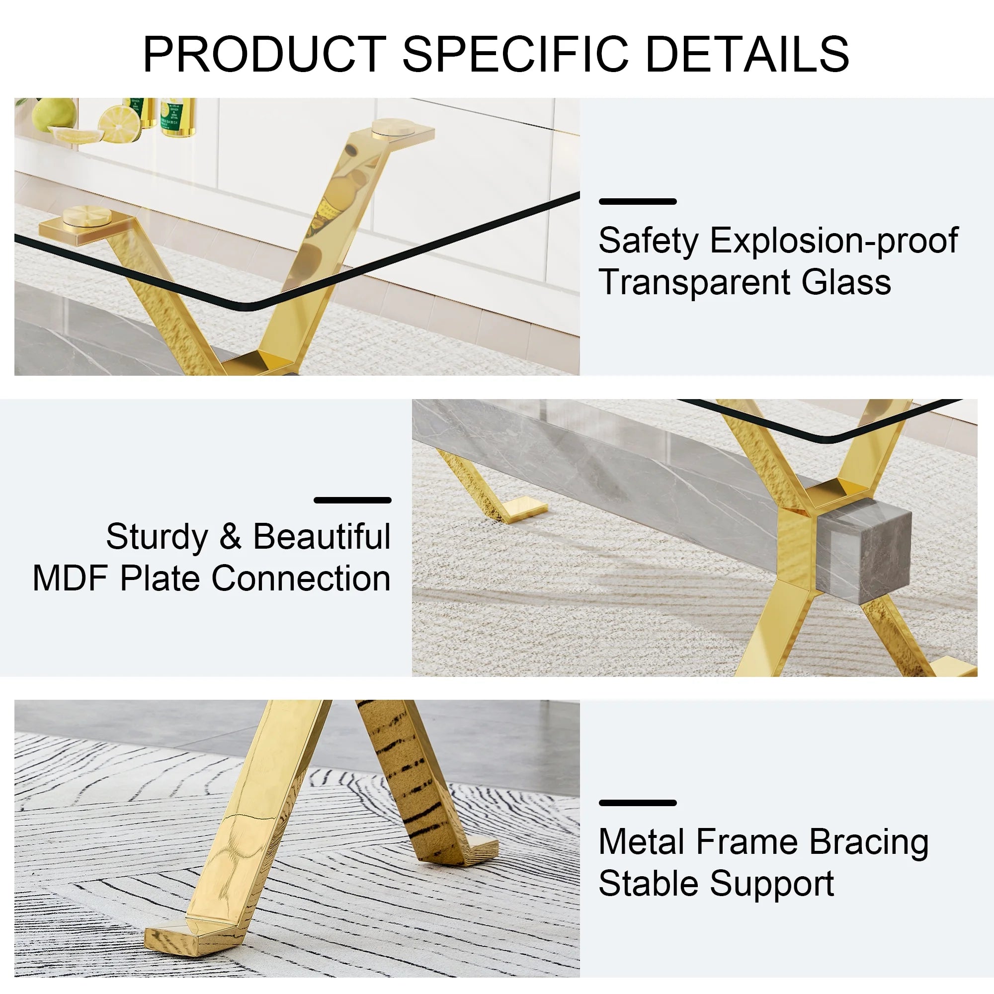 79''x39''x30'' Rectangular Tempered Glass Dining Table with 6 White PU Gold Plated Leg Chairs H47594