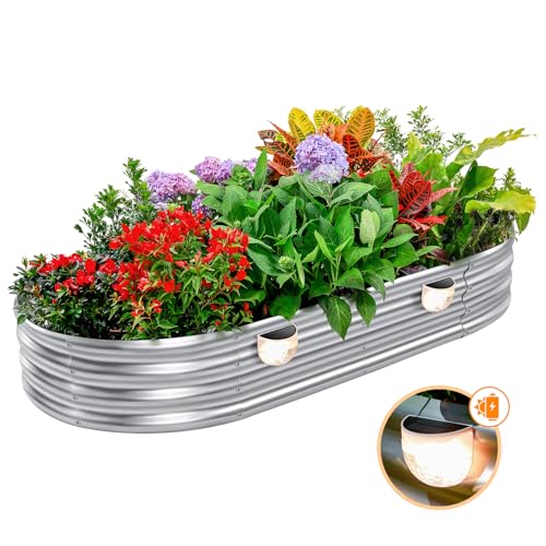 Galvanized Raised Garden Bed Planter Box with 2 Solar Lights E43321