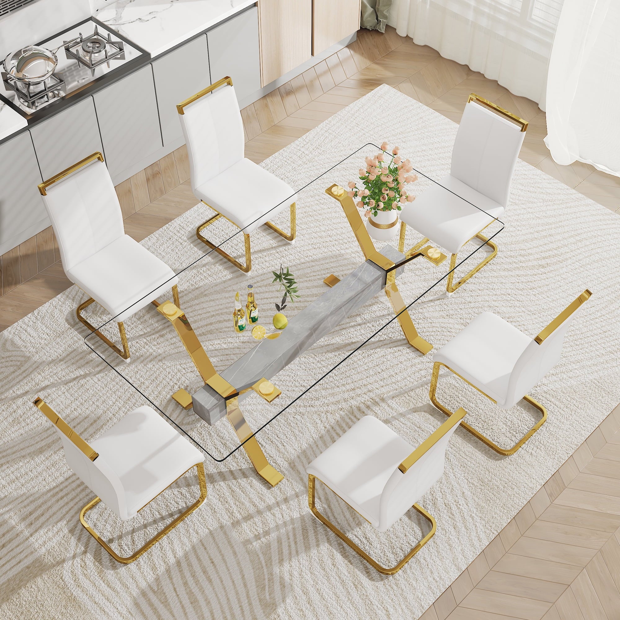 79''x39''x30'' Rectangular Tempered Glass Dining Table with 6 White PU Gold Plated Leg Chairs H47594