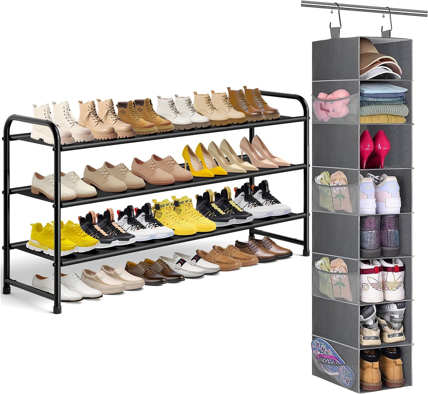 3-Tier Long Shoe Rack and 8-Shelf Hanging Shoe Organizer L894983
