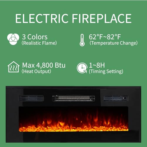 White High Gloss Entertainment Center with LED Lights, 40" Electric Fireplace, 2 Bookcases with Glass Doors L547