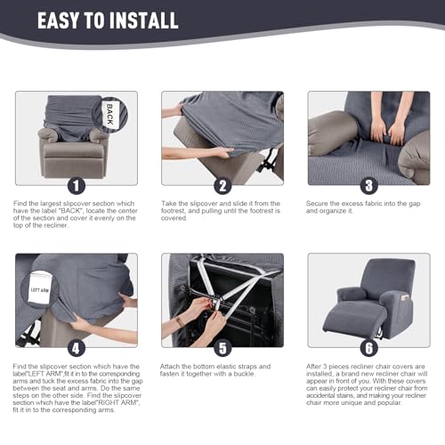 Stretch Stripe Jacquard Recliner Chair Covers (1 Seater, Misty Gray) P60295