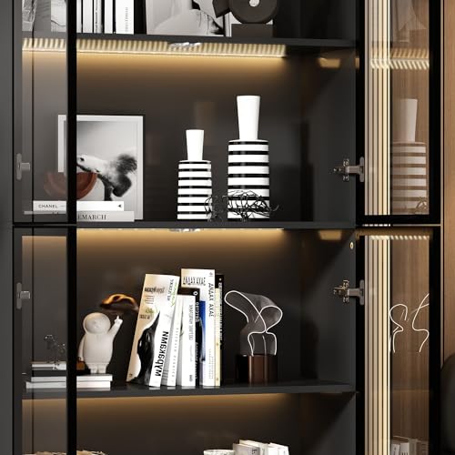 Black Glass Display Cabinet with 5-Tier Shelves and 4 Doors D9293