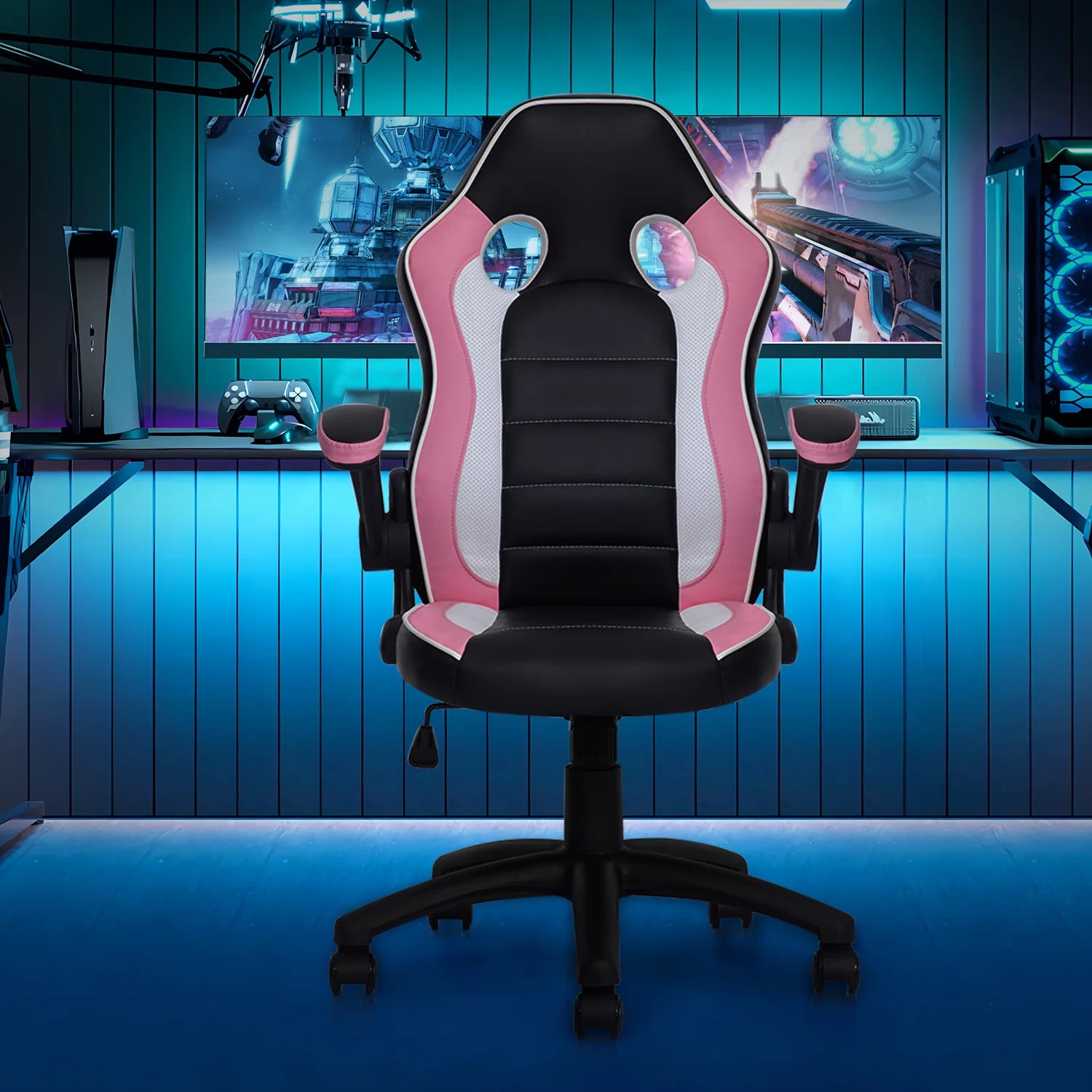 Black/Pink PU Leather Gaming Chair with Flip-Up Arms T889765