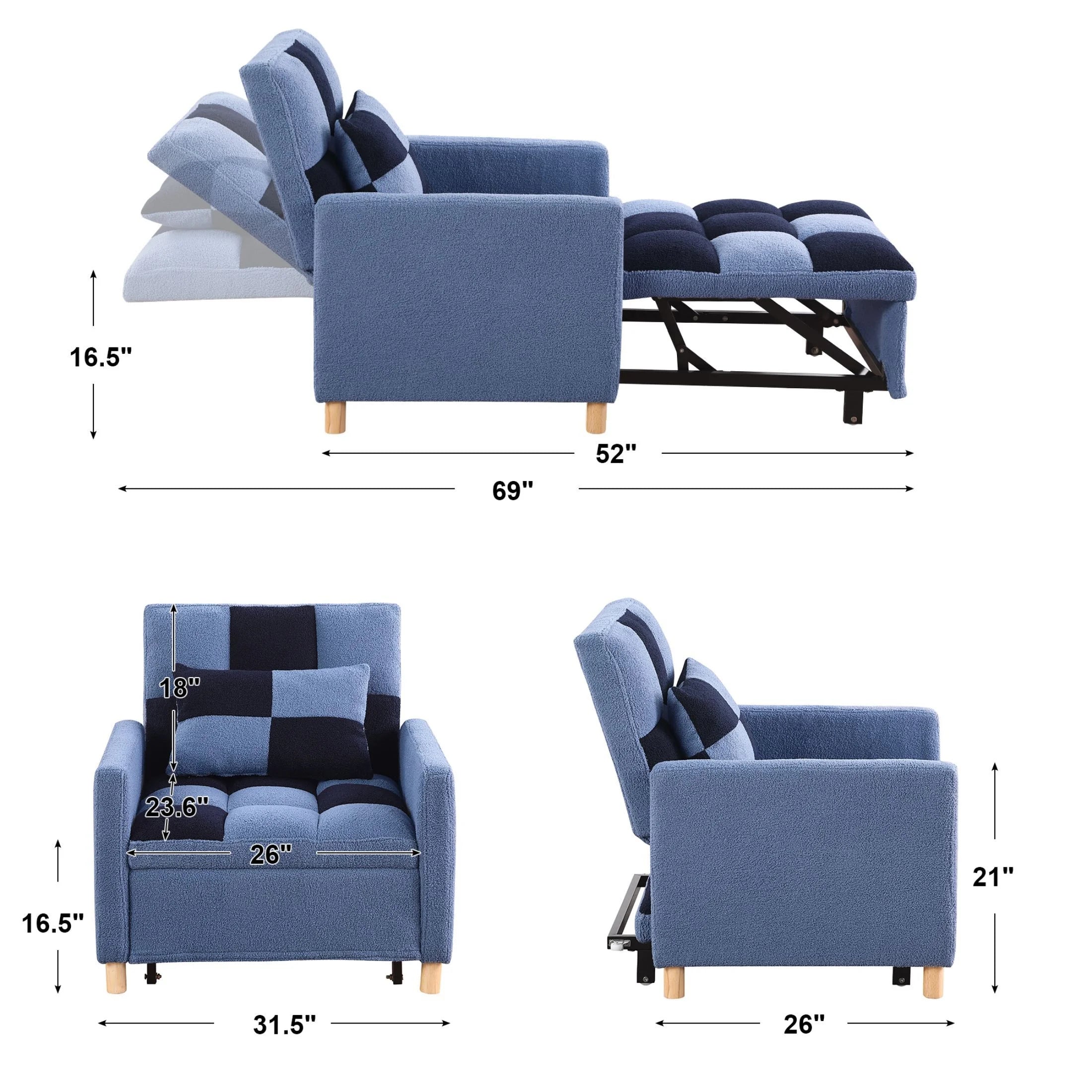 Convertible Sleeper Sofa Chair Bed with Pillow Teddy Fabric J393940