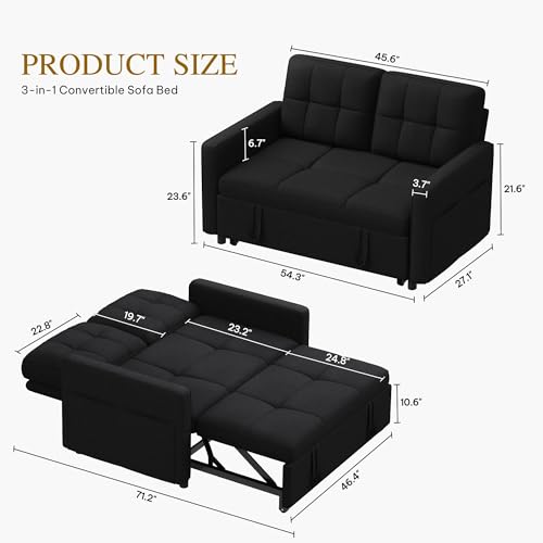 55" Convertible Sofa Bed, 3-in-1 Sleeper Sofa with Pull-Out Bed, Linen Futon Couch, Black A2959