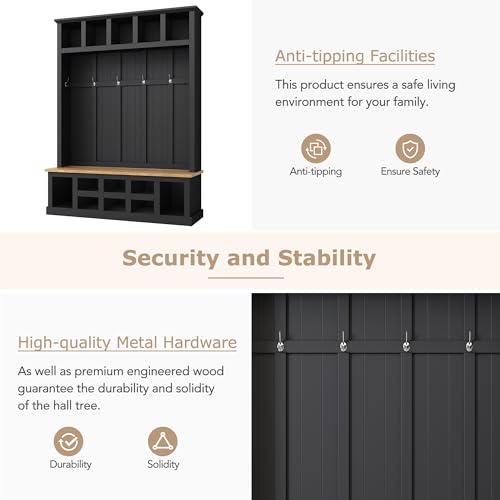 Black Wide Entryway Hall Tree with Storage Bench, Shoe Cabinet with Cube Storage, Coat Rack with 6 Hooks I265321