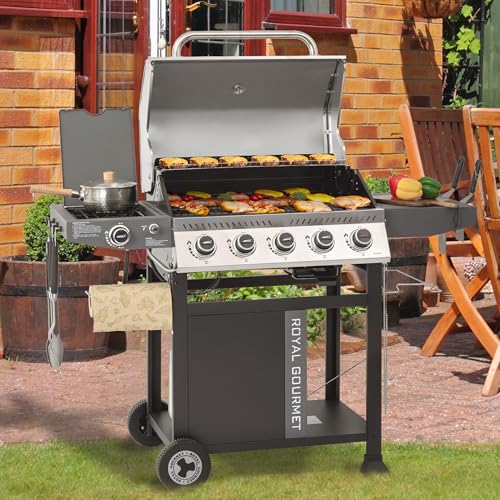 5 Burner Propane Gas Grill with Side Burner and Sear Burner, Porcelain-Enameled Cast Iron Grates R323