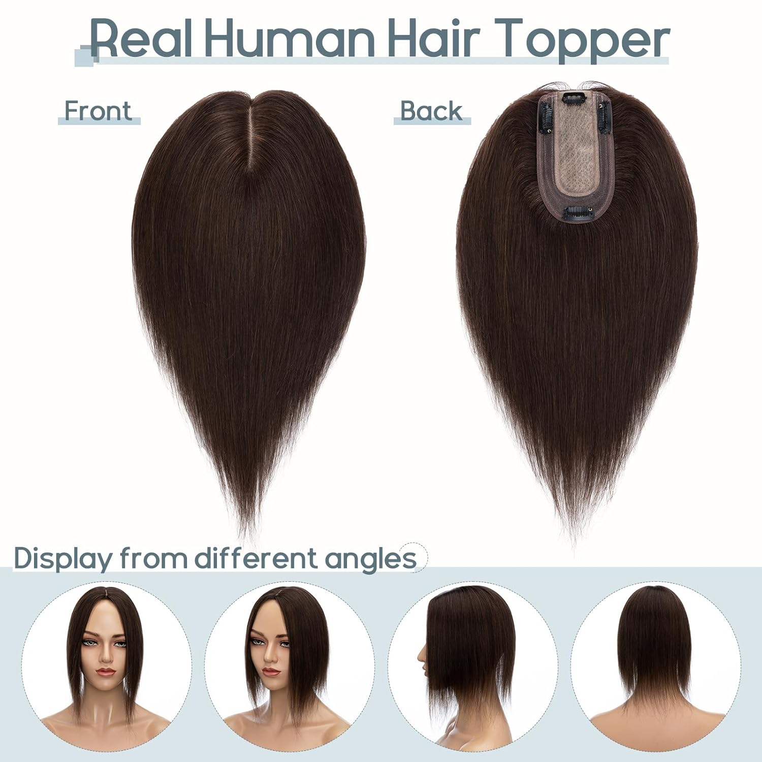 100% Real Human Hair Topper 6 Inch #2 Dark Brown 27g (4 clips) M224