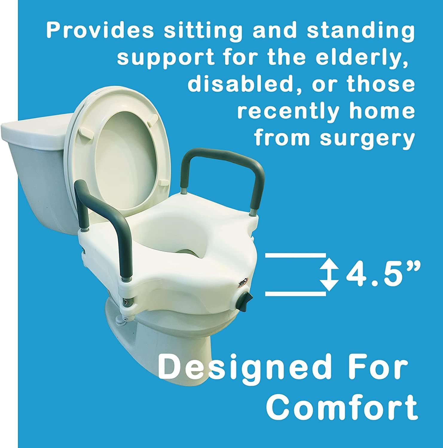 Raised Toilet Seat with Removable or Adjustable Handles - 4.5 Inch Toilet Seat Riser with Arms P429711