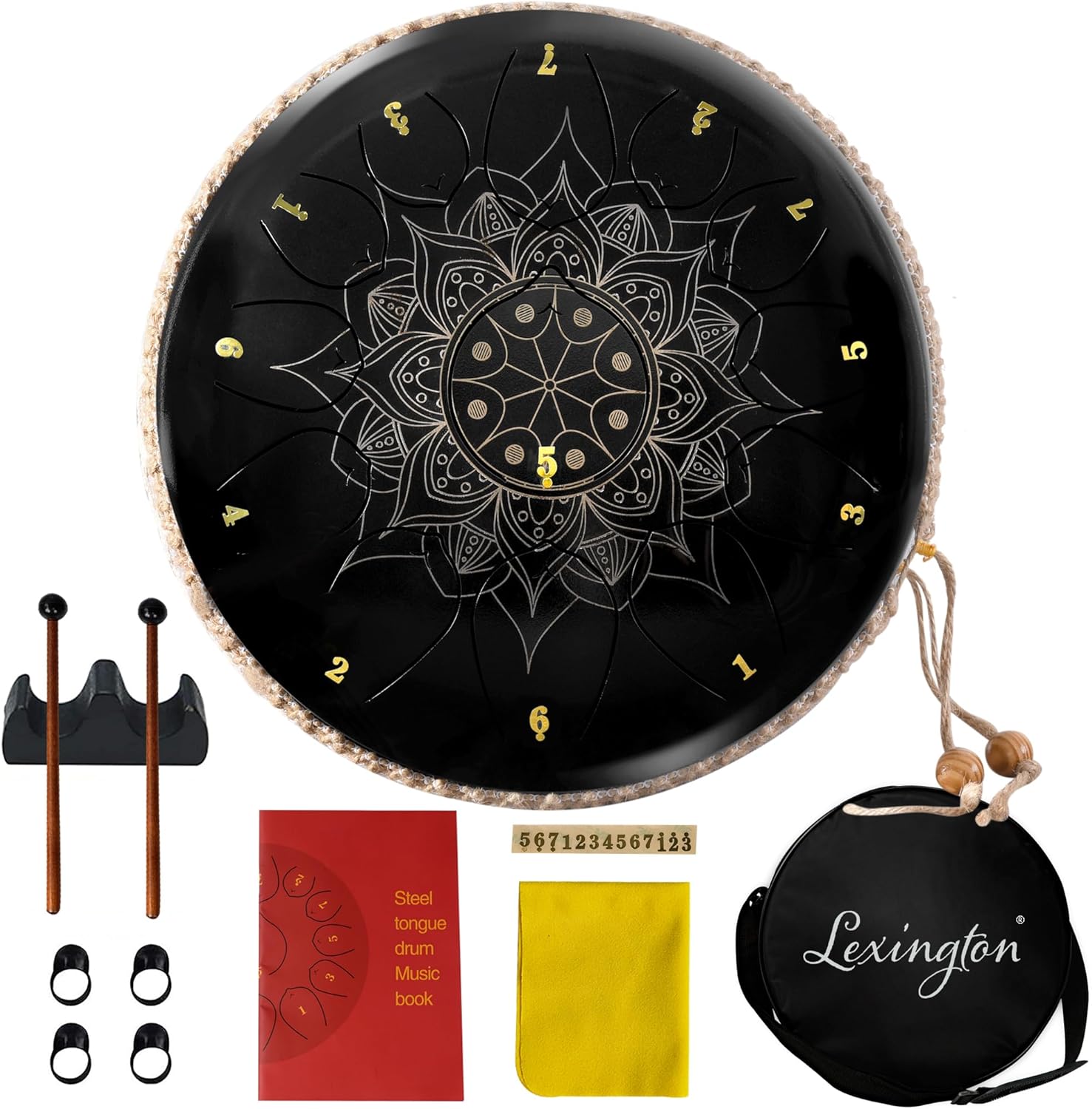13 Notes 12 Inches Steel Tongue Drum Kit with Lotus Pattern, Black F377239