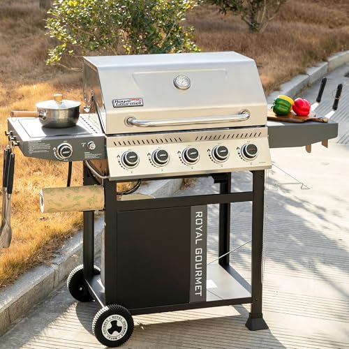 5 Burner Propane Gas Grill with Side Burner and Sear Burner, Porcelain-Enameled Cast Iron Grates R323