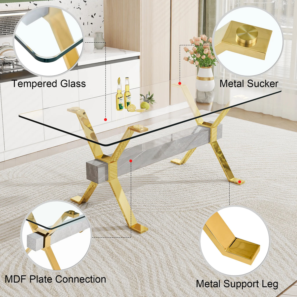 79''x39''x30'' Rectangular Tempered Glass Dining Table with 6 White PU Gold Plated Leg Chairs H47594
