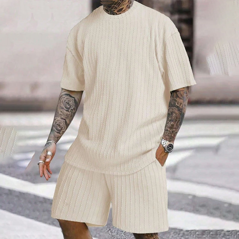 Vertical-striped T-shirt and shorts casual set
