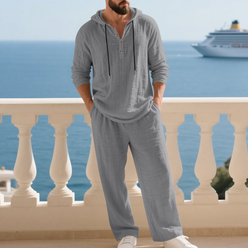 Men's Casual Cotton-Linen Hoodie Set