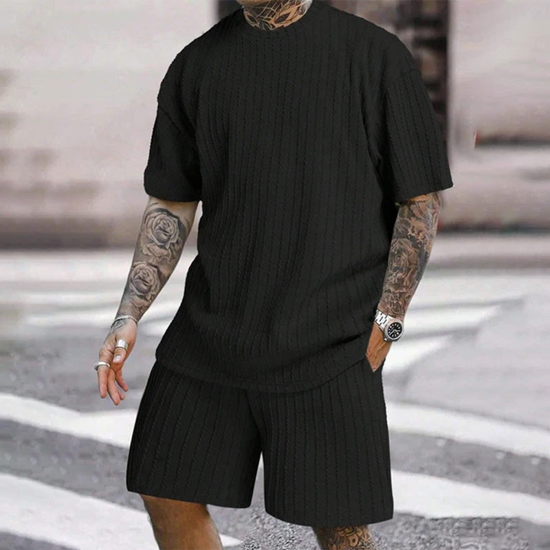 Vertical-striped T-shirt and shorts casual set