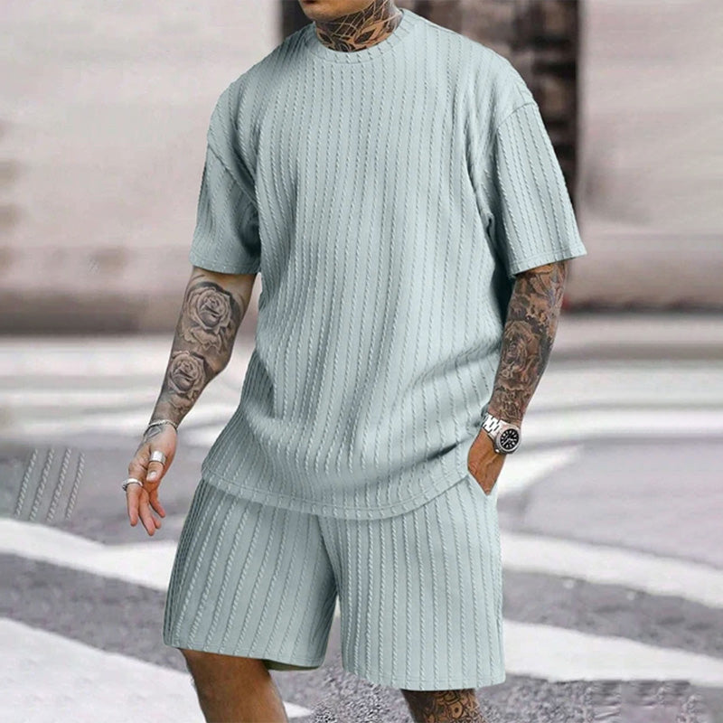 Vertical-striped T-shirt and shorts casual set