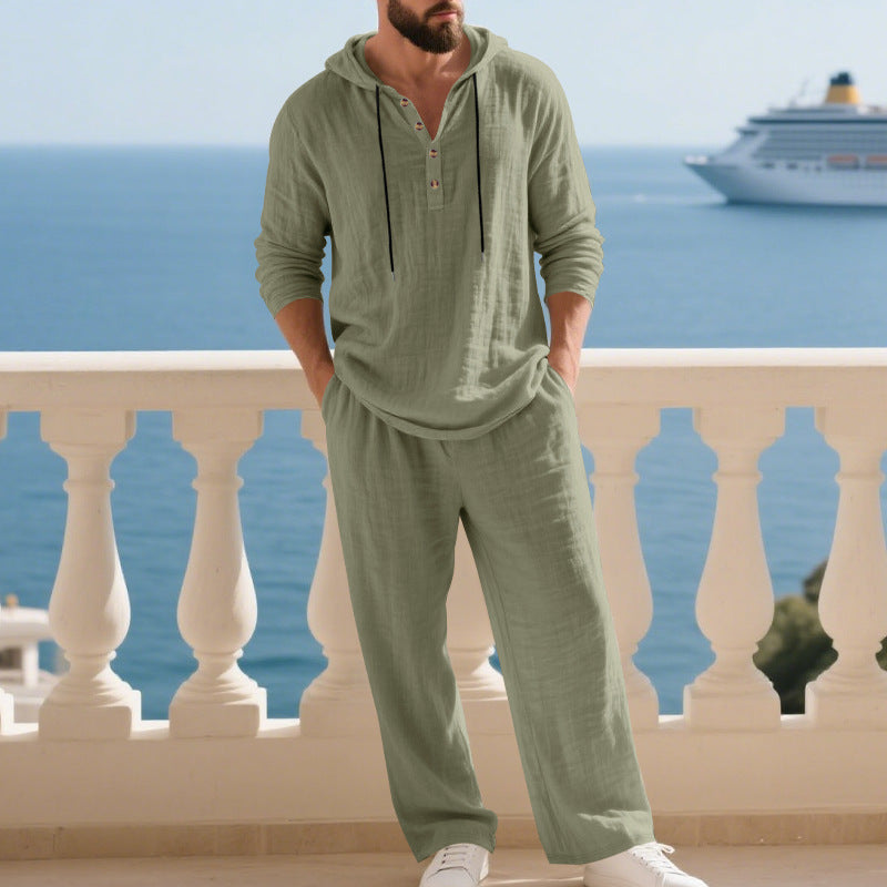 Men's Casual Cotton-Linen Hoodie Set