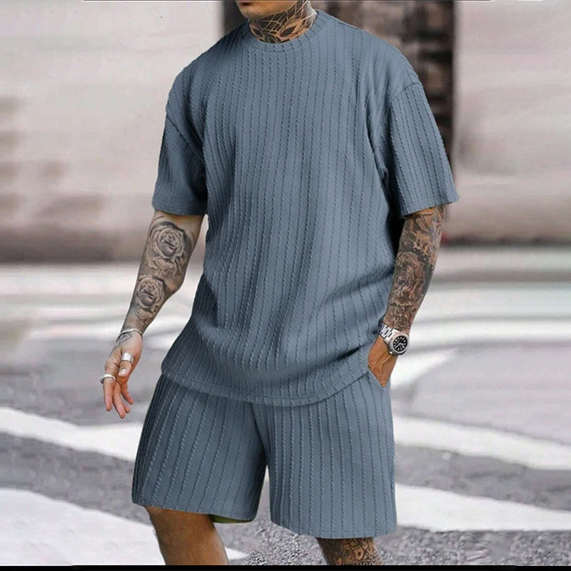 Vertical-striped T-shirt and shorts casual set