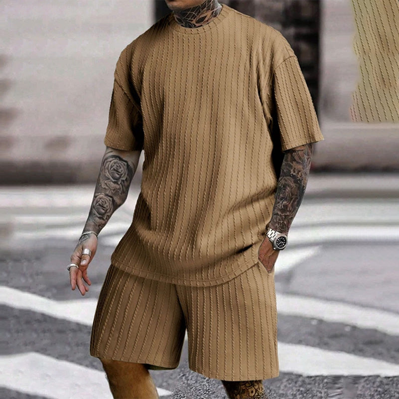 Vertical-striped T-shirt and shorts casual set