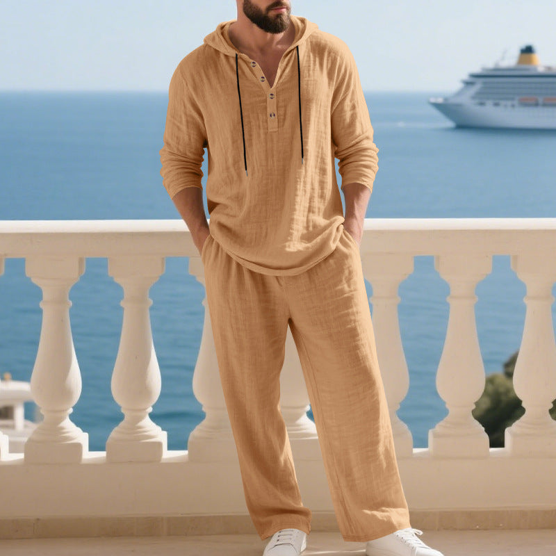 Men's Casual Cotton-Linen Hoodie Set