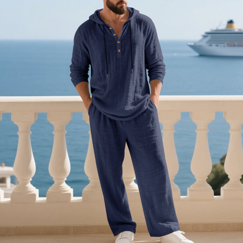 Men's Casual Cotton-Linen Hoodie Set