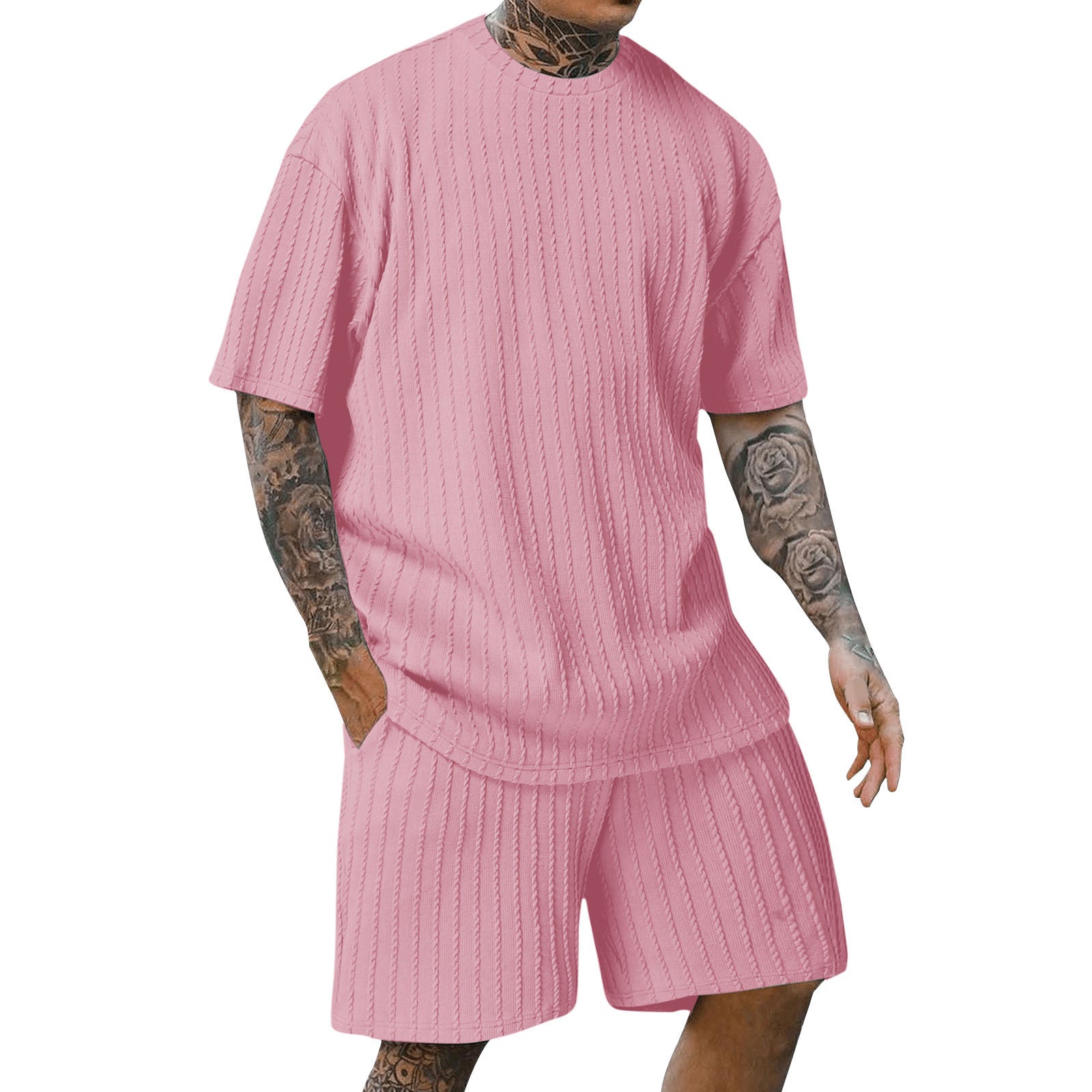 Vertical-striped T-shirt and shorts casual set