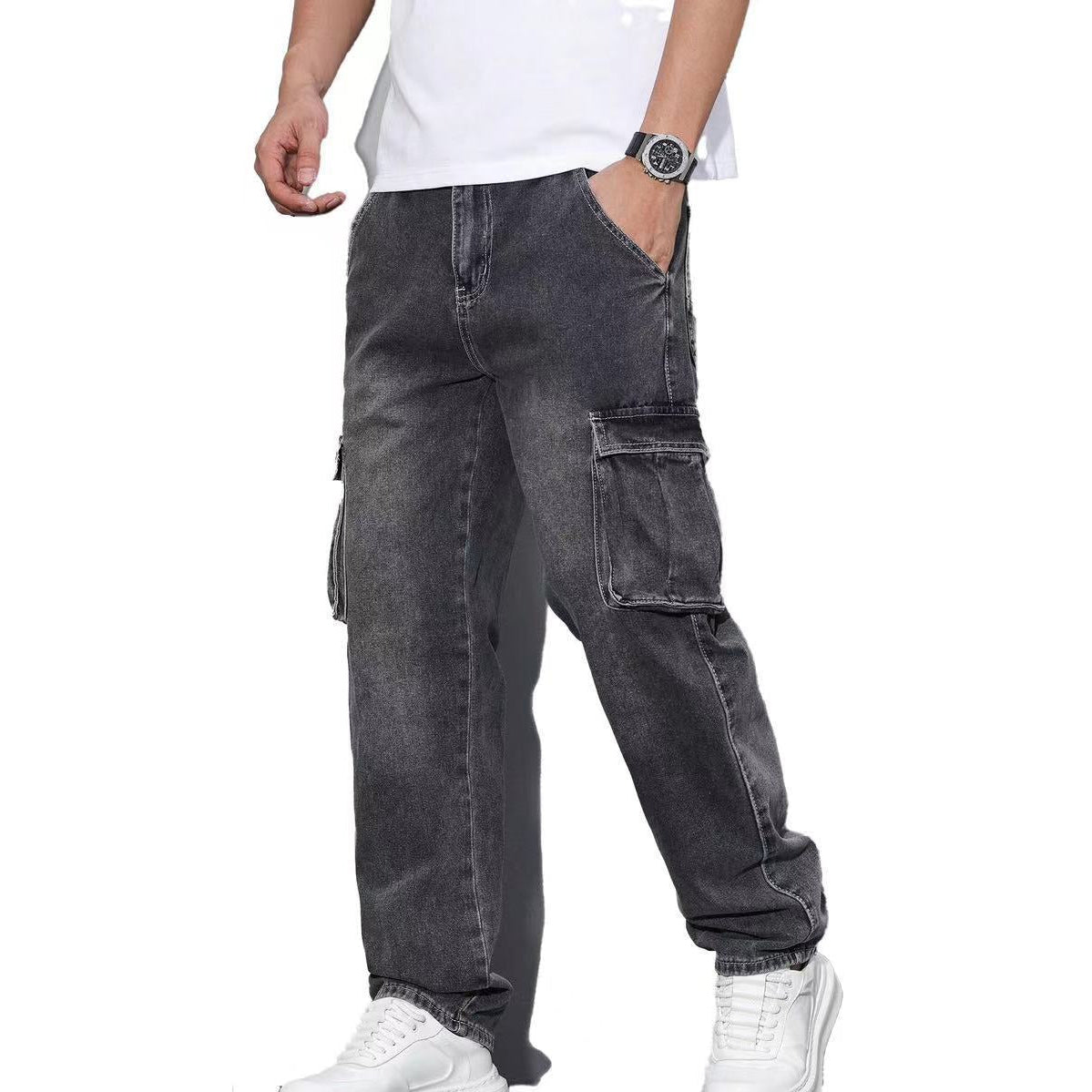 Men Solid Multi-Pocket Mid Waist Cargo Jeans