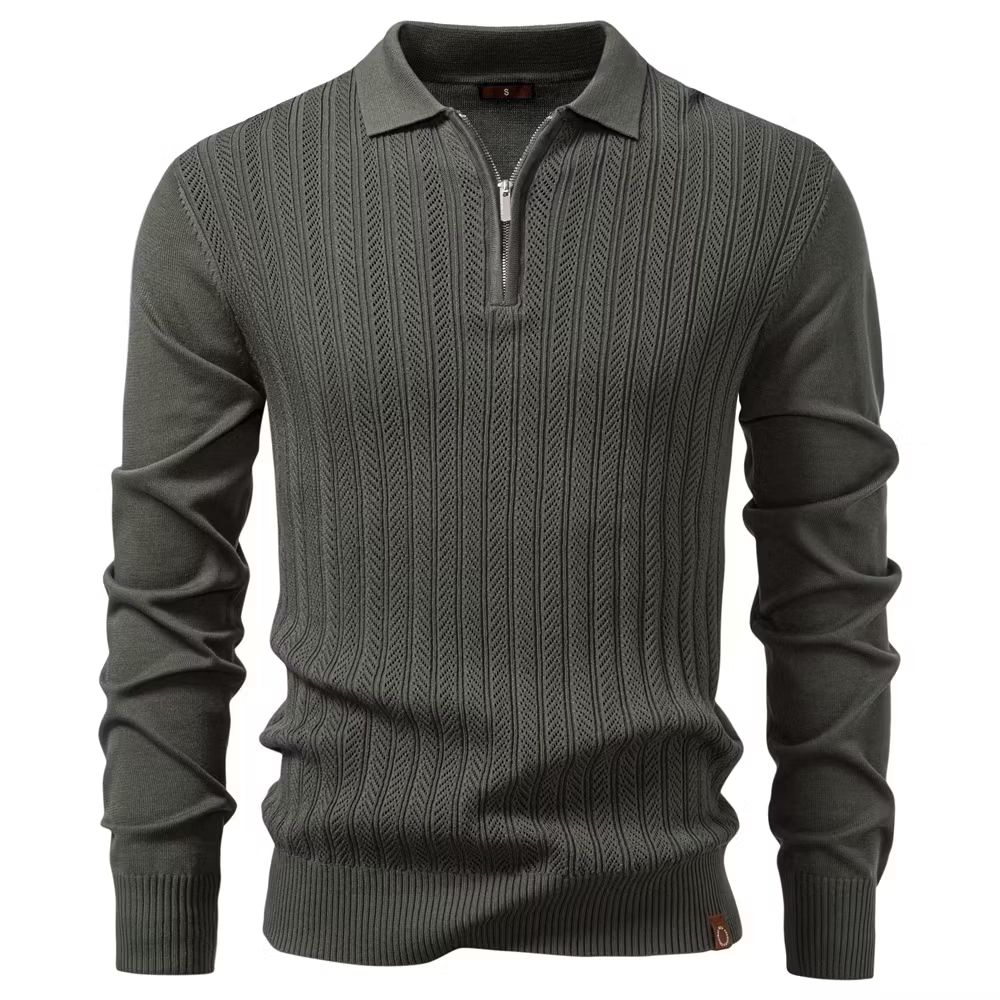 Premium Solid Zip-Up Long-Sleeve Knit Polo Shirt