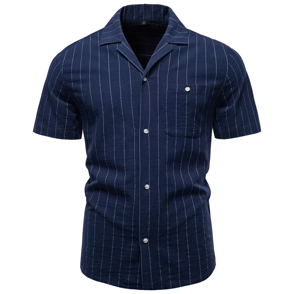 Retro Vertical Stripe Cuban Collar Shirt